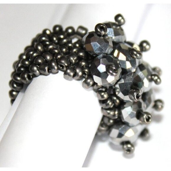 Silver Hematite Faceted Crystal Seed Bead One Size Stretch Ring 7-10 - Picture 2 of 7